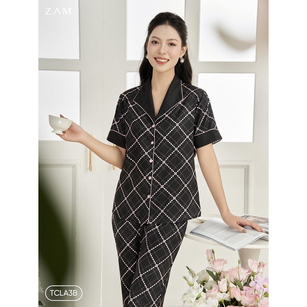 Zam luxury - TCLA3B - Ngắn tay quần dài HOẠ TIẾT THOI ĐEN HỒNG