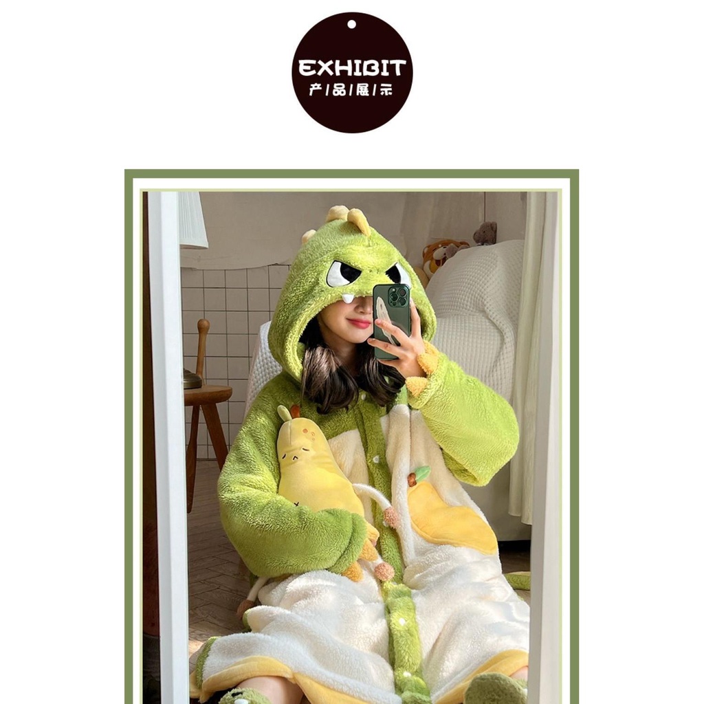 Bộ Đồ Ngủ Lông Cừu San Hô Dày Dặn Hình Cáo Nhỏ Khủng Long Mùa Thu Đông Cho Nữ