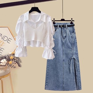 Plus set áo sơ mi và chân váy denim thời trang xuân 2023 cho nữ