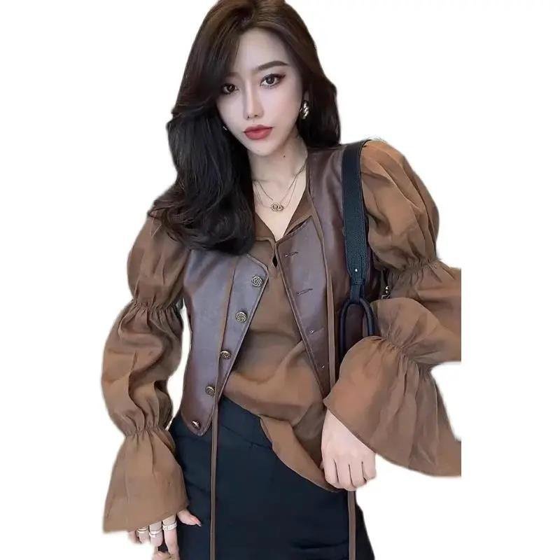 Bộ Áo Sơ Mi Da pu Tay Phồng + Áo Khoác Sát Nách Thời Trang retro Pháp Cho Nữ 2023