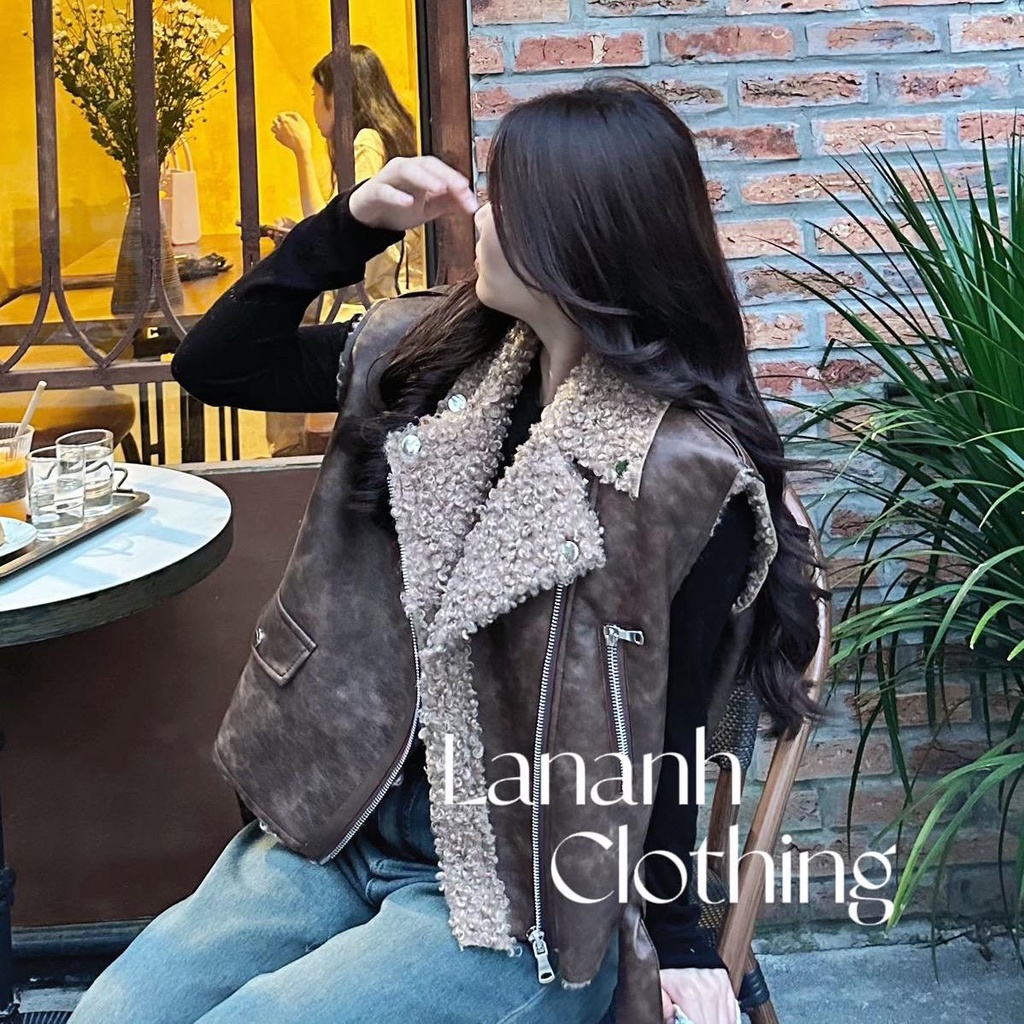 Áo gile DA phối lông cừu QC - túi khoá 1 bên D08 Ảnh thật shop chụp