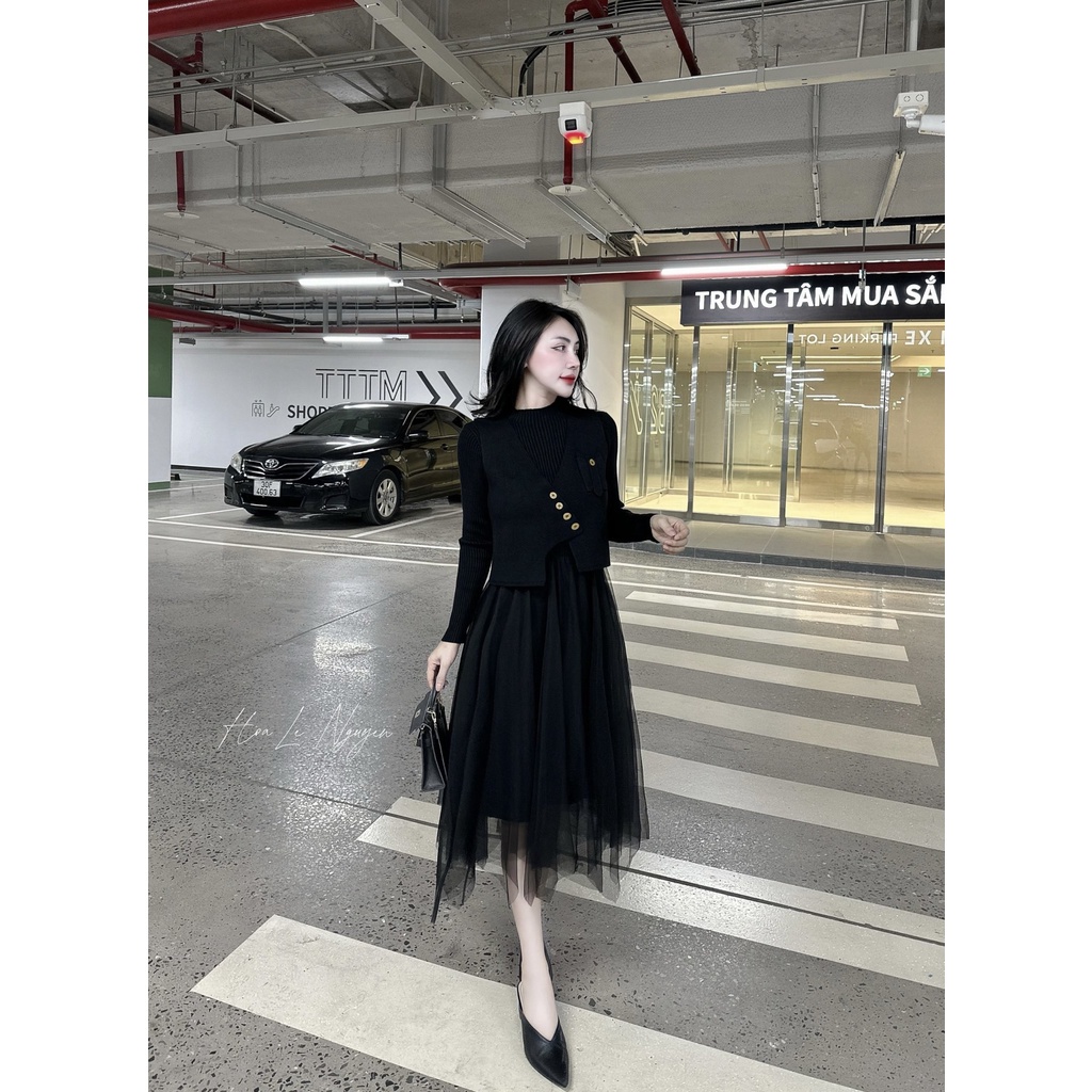 Đầm bầu SVL685 Váy bầu dáng dài xoè tà phối voan lưới Tira Mama
