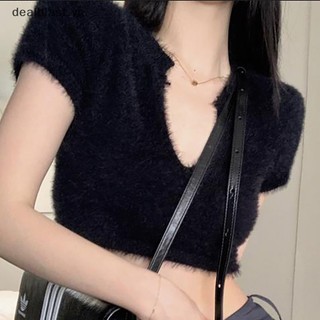 Áo crop top Dệt Kim Tay Ngắn Cổ Chữ v Màu Sắc Đơn Giản