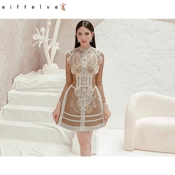 Đầm Ngắn Tay Dài Phối Ren Hoa Tan Trong Nước Thời Trang Mùa Thu 2023