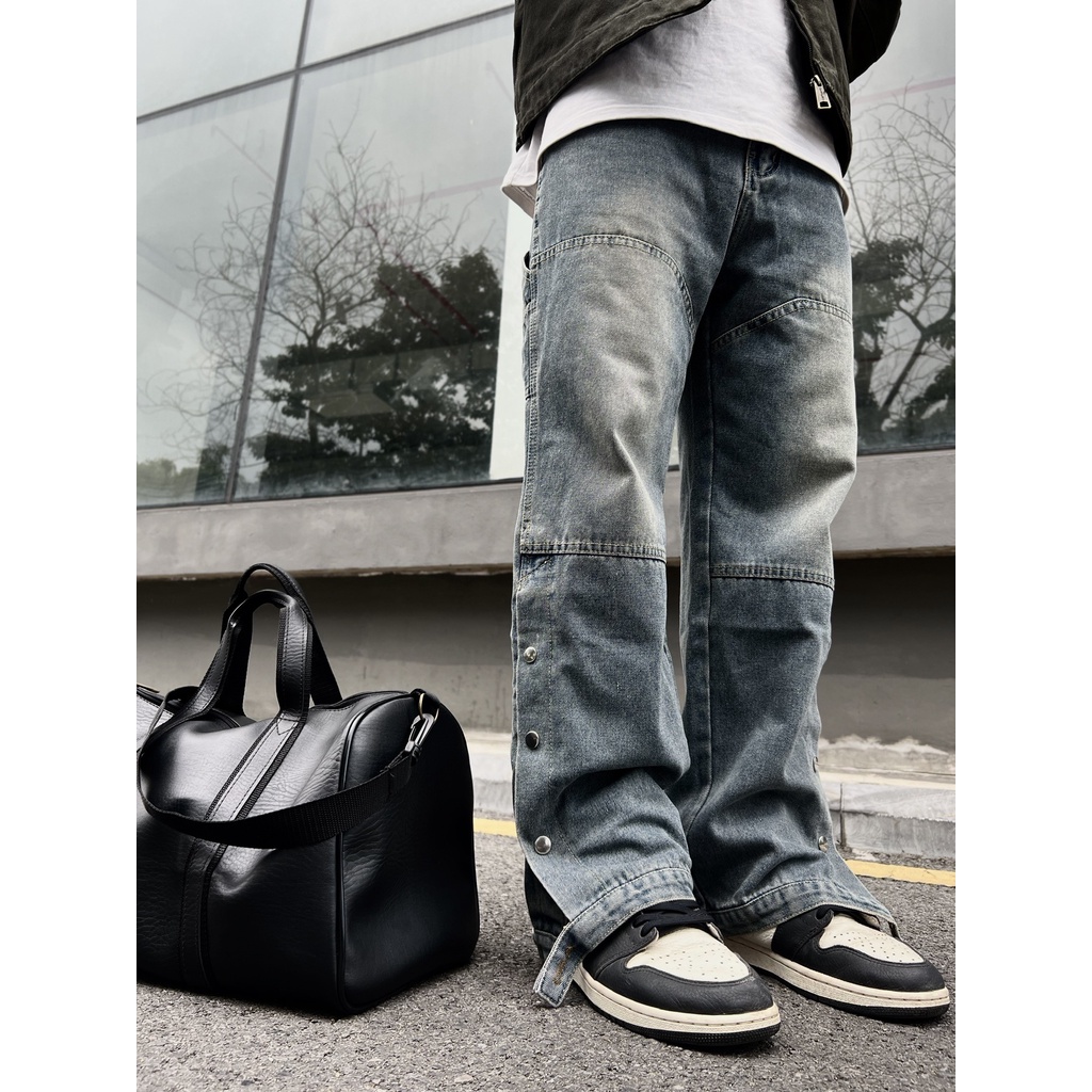 Quần Jean Suông Blue Vintage Unisex , Quần Bò Xanh Ống Rộng Nam Nữ Phối Cúc Gấu Hem Fashion