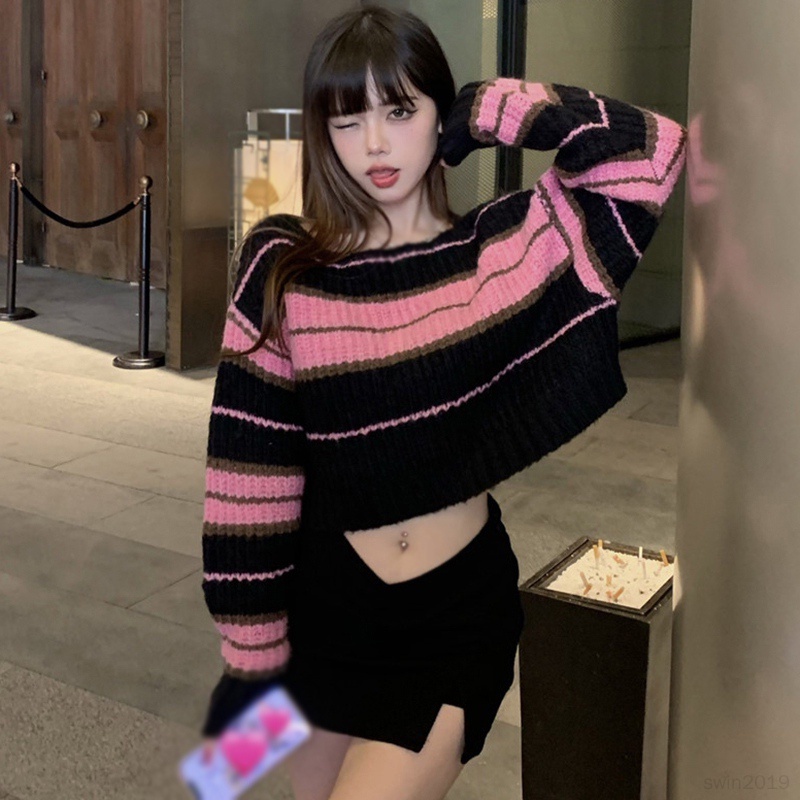 Áo Croptop Dệt Kim Tay Dài Trễ Vai Hoạ Tiết Kẻ Sọc Thời Trang Mùa Thu Cho Phái Nữ