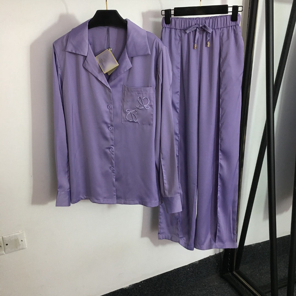 0JBG LOEWE 2023 autumn new home pajamas suit chest embroidered pocket long sleeve shirt drawstring elastic waist wide leg pants
