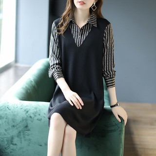 Sld Thu Đông Phong Cách Mới Nữ Trung Dài Size Lớn Dài Tay Thường Ngày Khâu Đen