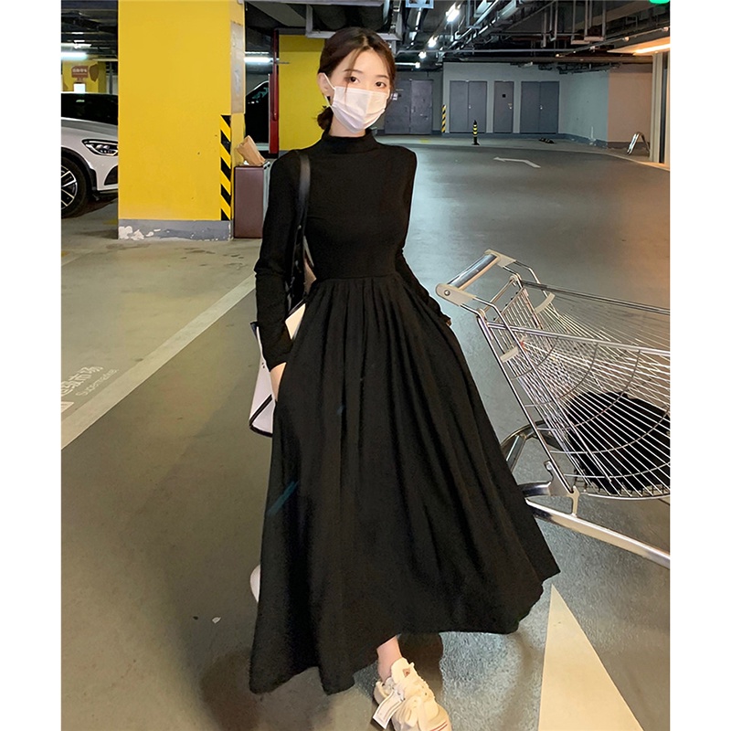Đầm đen tay dài cổ cao DU YAN phong cách thời trang Pháp cho nữ
