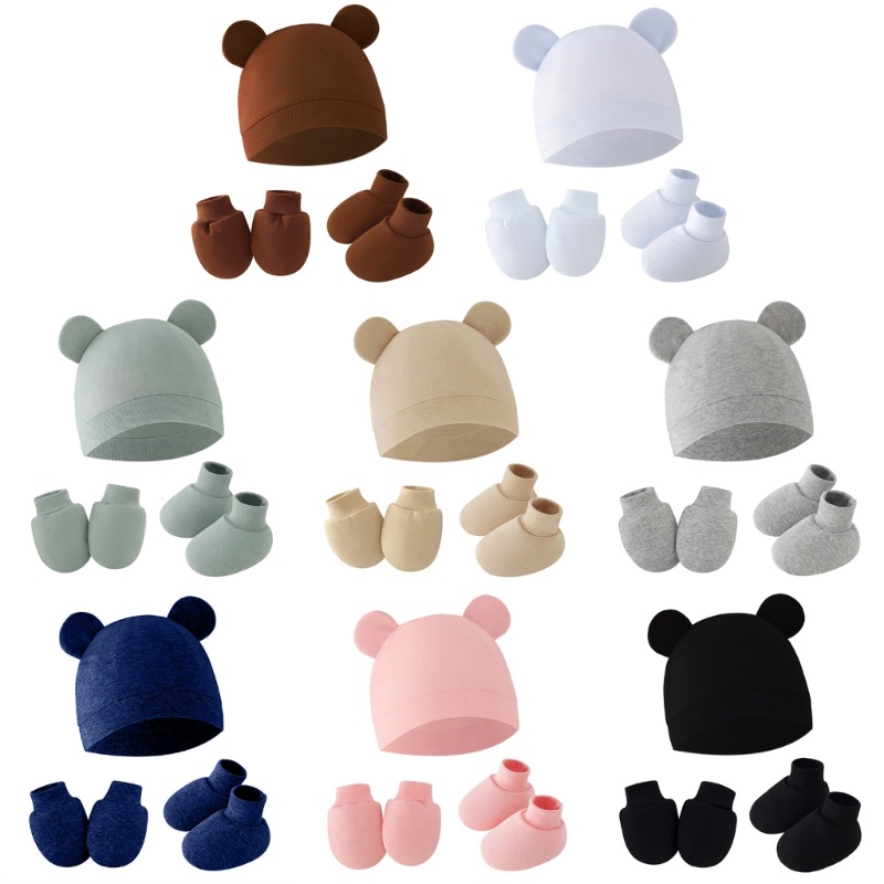 Bộ Găng Tay + Nón + Vỏ Bọc Chân Bằng Cotton Màu Trơn Cho Bé Sơ Sinh