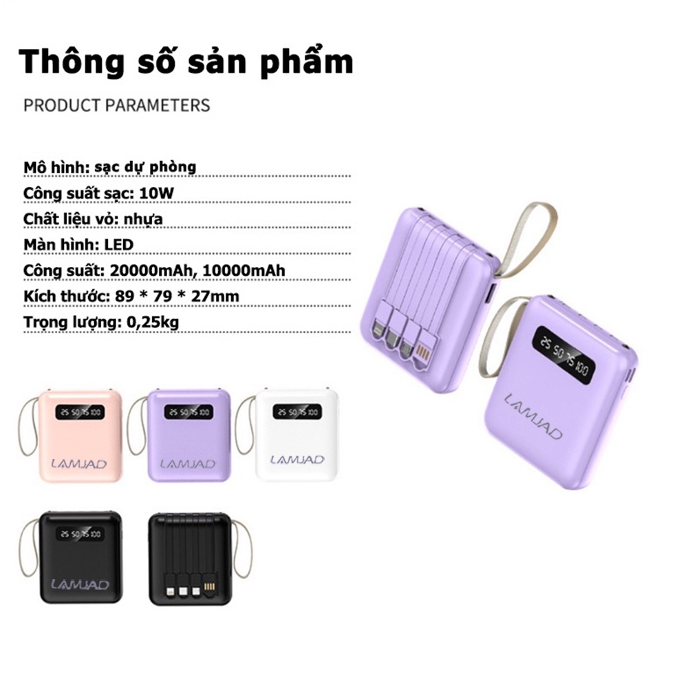 Nguồn Điện Di Động Dễ Thương Với 4 Cáp Sạc, Pin Dự Phòng Đa Chức Năng Với Đèn LED Kép-20000 Mah