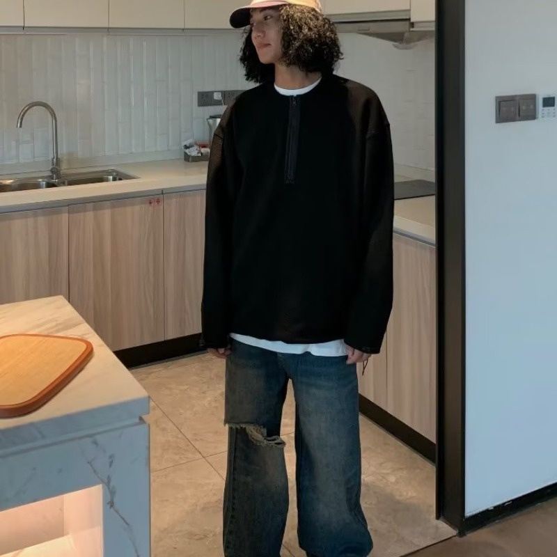 Magee Áo sweater Cổ Tròn Dáng Rộng Cao Cấp Màu Trơn Có Khóa Kéo Nửa Hình Bánh waffle Phong Cách retro Hàn Quốc Thường Ngày Cho Nam