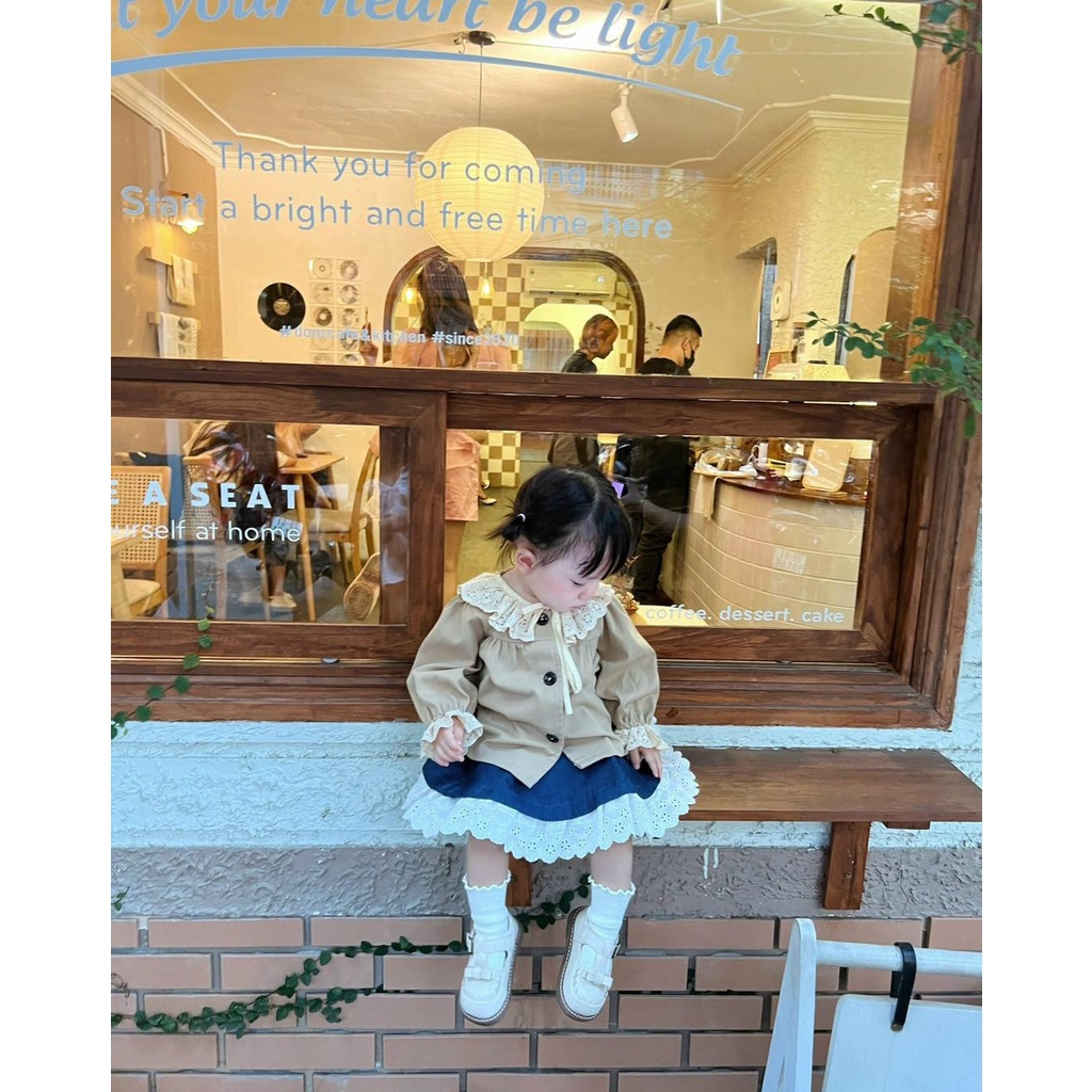 Áo Khoác Kaki Mềm Cổ Viền Ren Buộc Nơ Điệu Đà