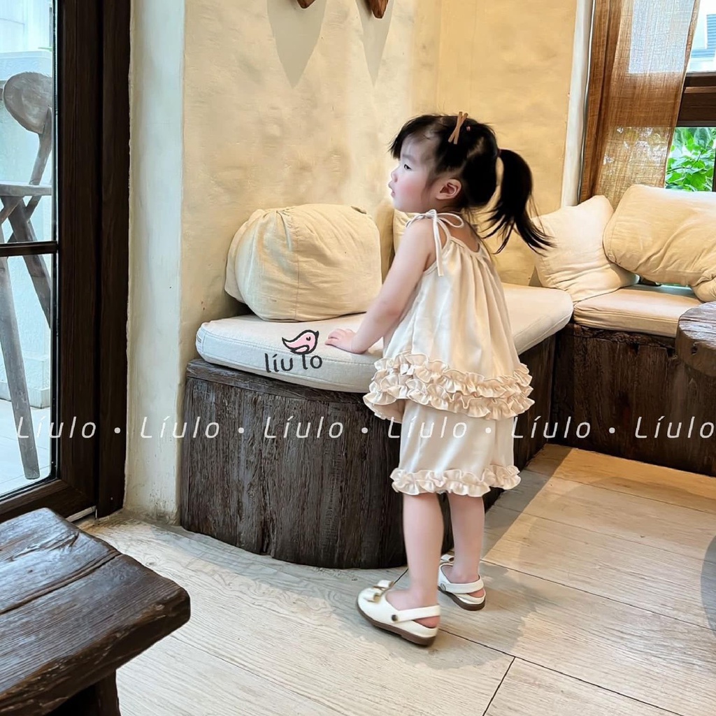 Set Bộ đôi Mẹ và Bé - Bộ Áo Bèo Nhún Quần Đùi Màu Be Hàn Quốc