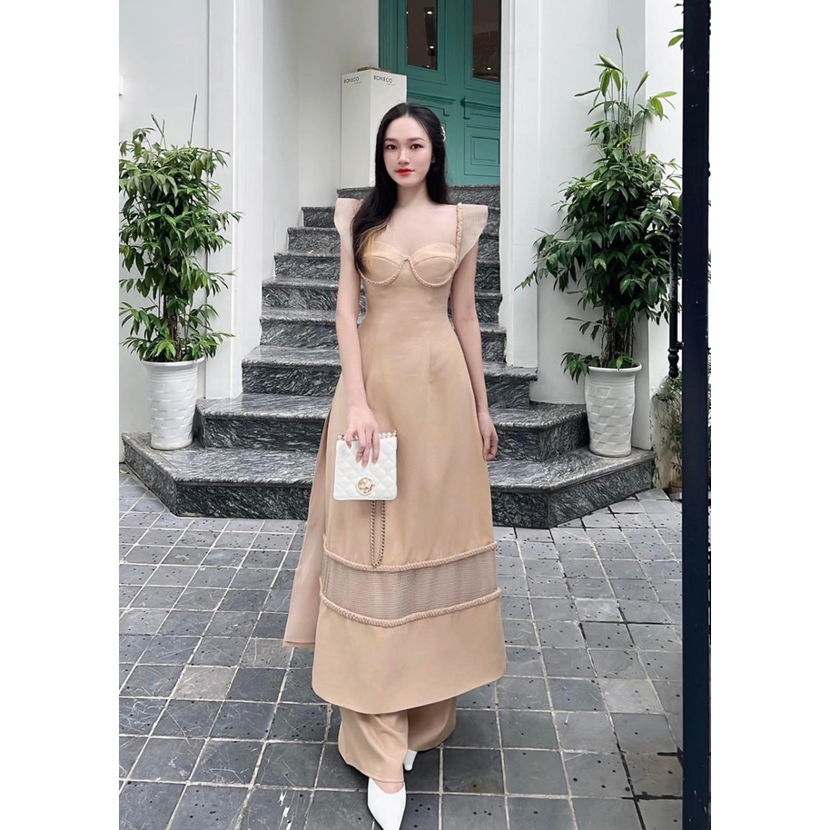 SET ÁO DÀI NÂU CÚP NGỰC TAY TIÊN +QUẦN SUÔNG