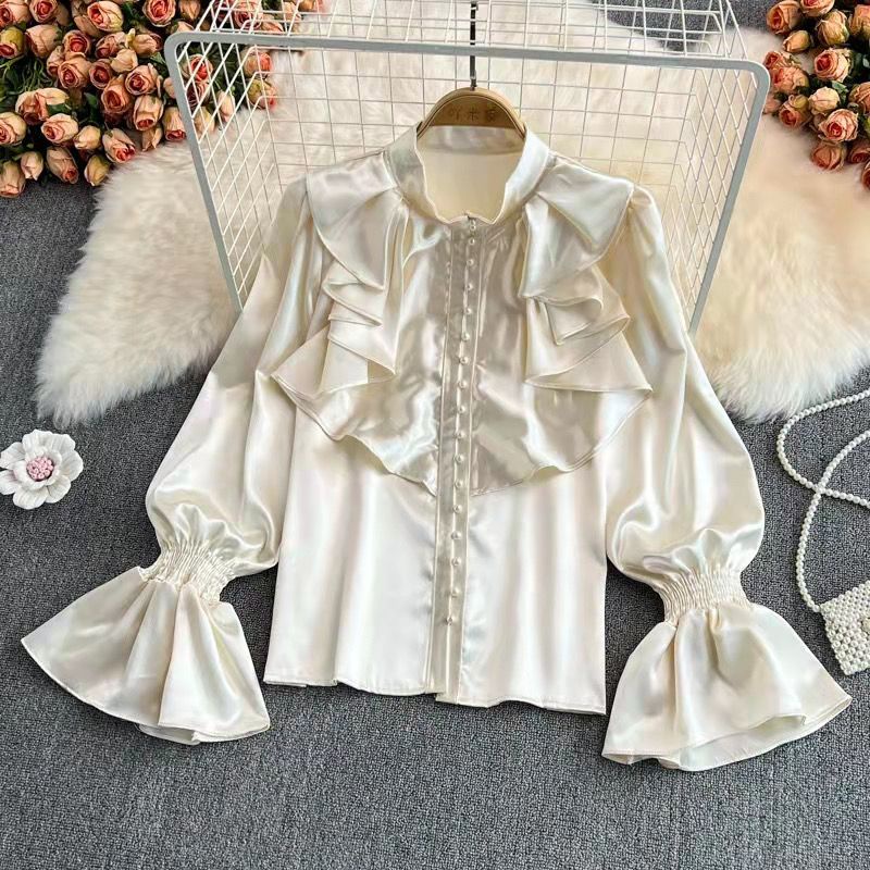 Áo Sơ Mi Satin Cổ Đứng Tay Loe Phong Cách Retro Phương Tây Dành Cho Nữ