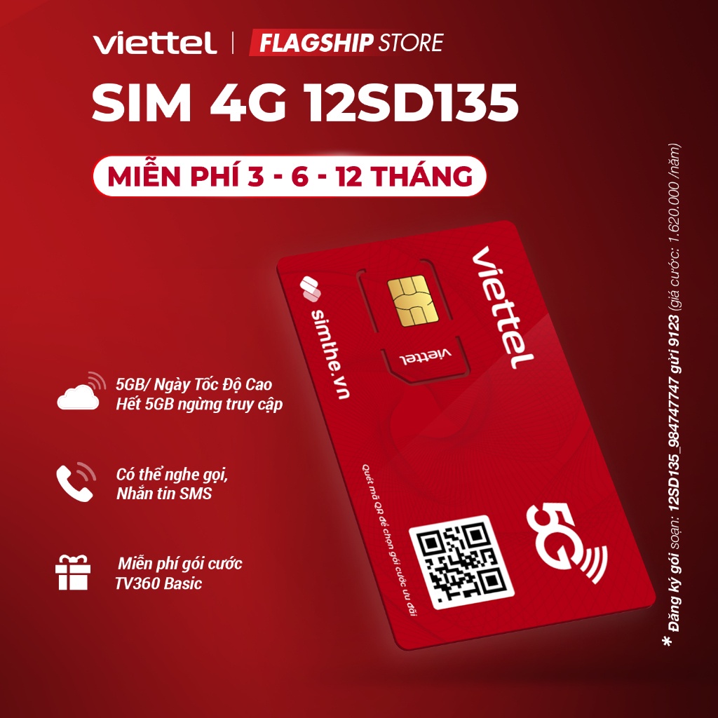 [FREE 1 Năm] Sim 4G Viettel 12SD135 Data 5GB/Ngày - 150GB/Tháng Tốc Độ Cao MAX BăngThông. Trọn Gói 1 Năm Không Nạp Tiền