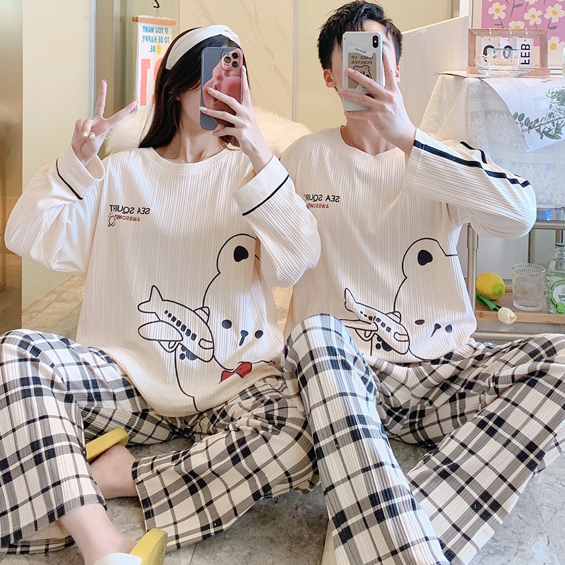 Bộ Đồ Ngủ Cặp Đôi Xuân Thu Cotton Nguyên Chất Dài Tay Cổ Tròn Loungewear Nam Có Thể Mặc Bên Ngoài Nữ Hoạt Hình Ngọt Ngào Mùa Thu