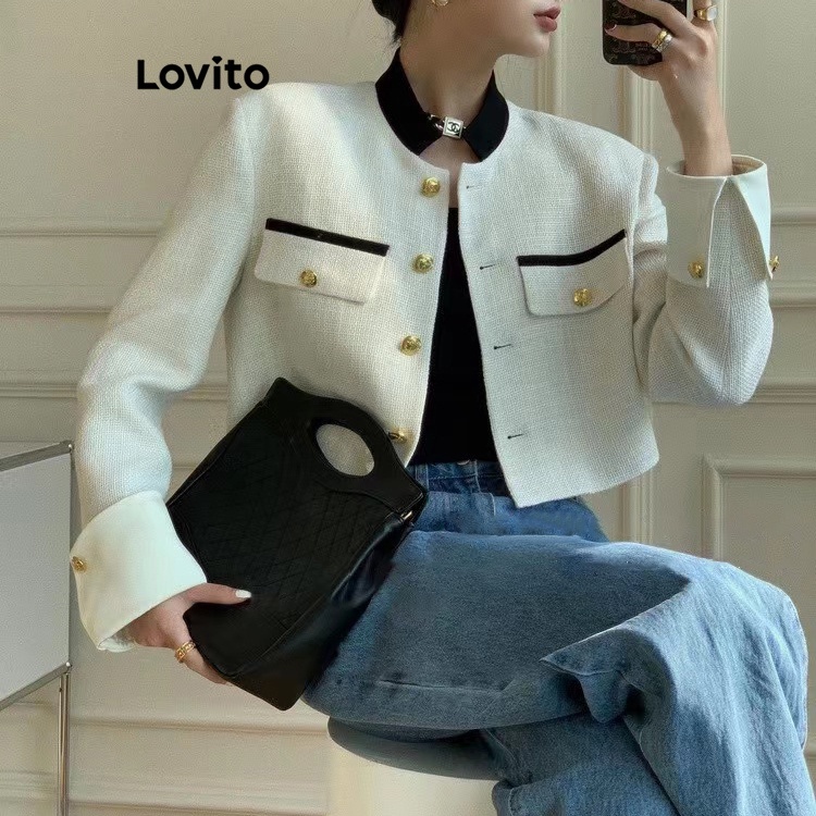 Áo khoác Lovito cài nút ghép nối màu trơn thường ngày cho nữ L61AD004 (Màu trắng)