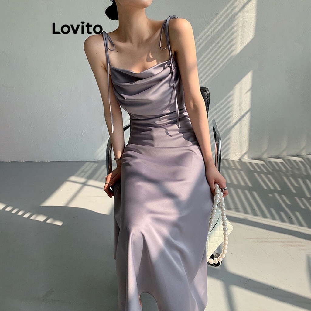Đầm LOVITO cột dây màu trơn phong cách thường ngày cho nữ LNA21071 (màu tím)
