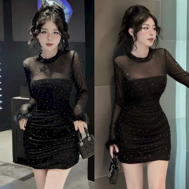 Hình thật sàn Đầm Body Thun Lưới Tay Dài Phối Lông Cổ Lọ Đính Đá Dáng Ngắn Nhún Thân siêu hot alohastore1