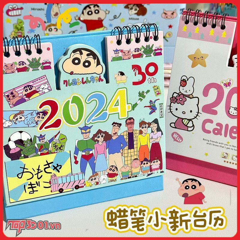 SANRIO Bút Chì Màu Dễ Thương Shin-chan Kuromi Cinnamoroll Họa Tiết Hoạt Hình Lịch Để Bàn 2024 Hàng Ngày Lịch Hàng Tháng Đồ Trang Trí Để Bàn Món Quà Dễ Thương -top3C01