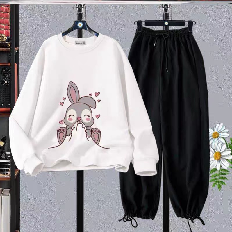 Sét bộ áo hoodie Thỏ vui vẻ vàquần bom chun, Áo nỉ chất đẹp from rộng, không xù, thiết kế bo gấu trắng cá tính - DVGIT