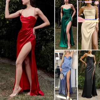 [mac] Đầm maxi Hai Dây Hở Lưng Xẻ Tà Thắt Dây Bằng Vải satin Cho Nữ