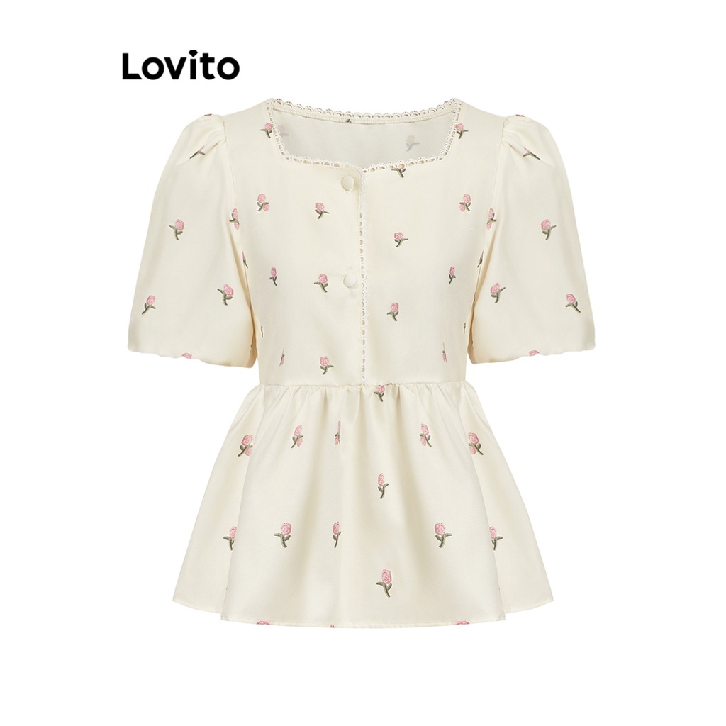 Áo kiểu Lovito tay phồng cổ xếp nếp lai bèo xếp nếp đính nút hoa nhí dễ thương cho nữ L73AD004 | BigBuy360 - bigbuy360.vn