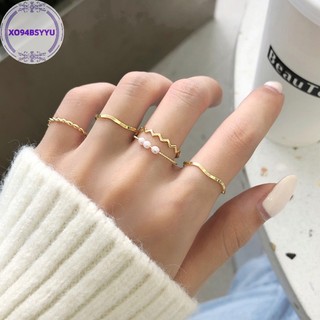 Set 5 nhẫn xo94bsyu đính ngọc trai gợn sóng màu vàng / bạc đơn giản phong cách hàn quốc cho nữ