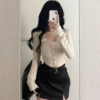 Áo Thun Dệt Kim Tay Dài Cổ Phối Ren Thời Trang Hàn Quốc Dễ Phối Đồ