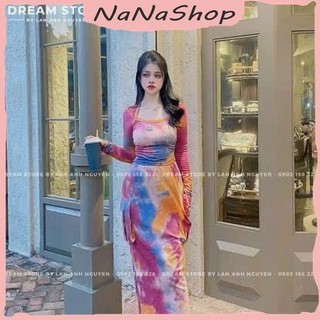 Đầm Gân Tăm Lạnh Cố Thuyền Tay Dài Chiết Eo Form Dài Ôm Body Phối Họa Tiết Thiết Kế Quyến Rũ