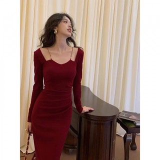 Váy Tết Đầm Dự Tiệc Thu Đông Đầm Đỏ Cổ Vuông Eo Cao Dáng Ôm Phong Cách Retro Pháp Dành Cho Nữ