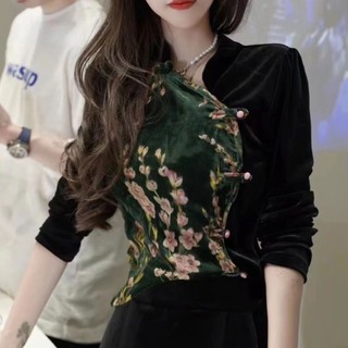 Áo Sơ Mi Nhung Cao Cấp Tay Dài Cài Nút Đĩa Phong Cách Dân Tộc Retro Hong Kong Cao Cấp Mùa Thu Đông Kiểu Mới Cho Nữ