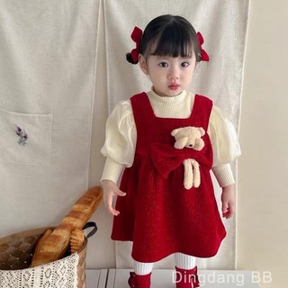 Set váy nhung đính gấu nơ kèm áo giữ nhiệt cách điệu, váy mặc tết bé gái