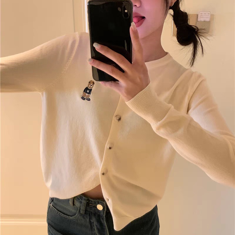 IELGY Tay Dài Dáng Rộng Thêu Hình Gấu Kèm Áo Khoác cardigan Nhỏ Thời Trang Cho Nữ