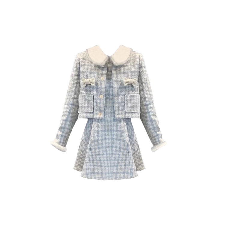 Bộ Áo Khoác Lông Tay Dài Cổ Búp Bê + Chân Váy Lưng Cao Sọc Caro Thời Trang Mới 2023