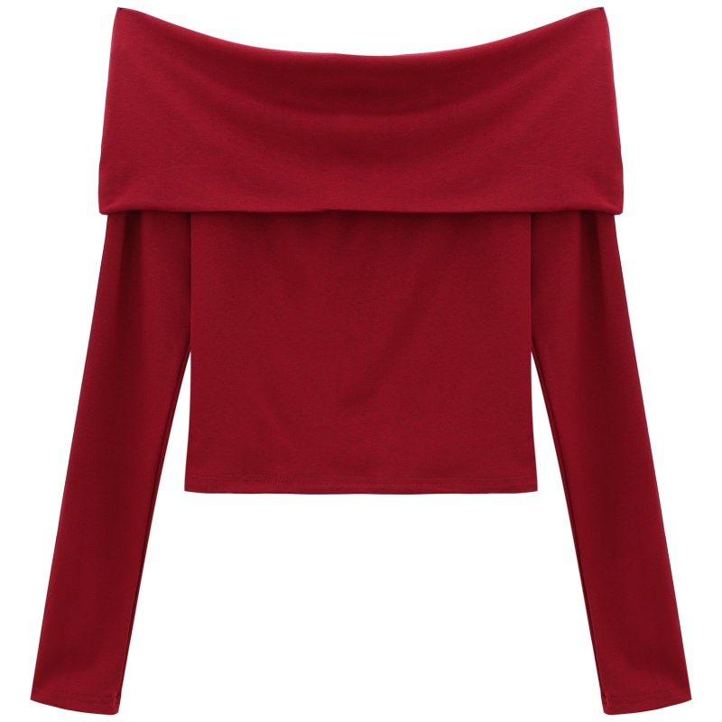 Sinransinya Áo sweater Tay Dài Lệch Vai Dáng Ôm Ngắn Màu Đỏ Phong Cách Cổ Điển Thời Trang Mùa Thu 2023 Dành Cho Bạn Nữ