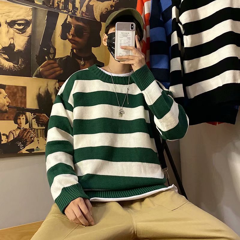 Áo Khoác sweater Dáng Rộng Họa Tiết Kẻ Sọc Phong Cách Hàn Quốc Thời Trang Thu Đông Hàng Mới 2023 Dành Cho Bạn Nam