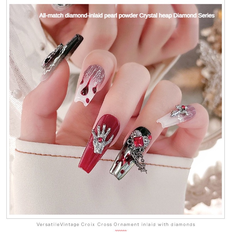 Phụ kiện trang trí móng tay bằng hợp kim nạm kim cương phong cách tối màu phù hợp / Móng tay nghệ thuật hình con quạ hình đầu lâu bằng kim cương / Dây chuyền tình yêu trang trí móng tay