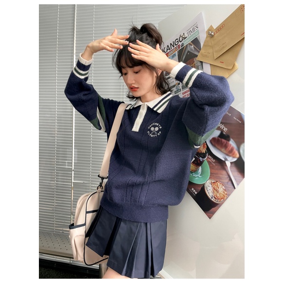 Zwqfp Áo Len Rộng Cổ polo Phong Cách preppy