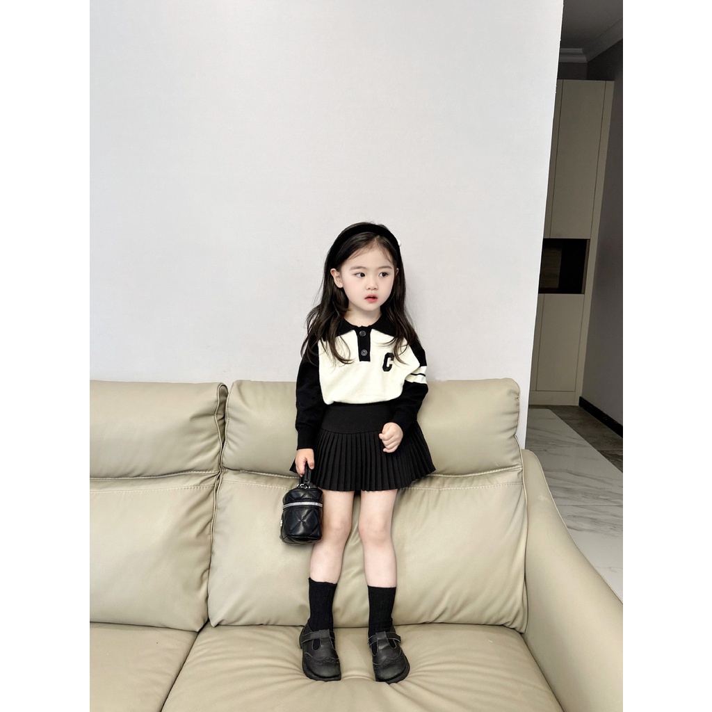 SET ÁO POLO DÀI TAY MIX CHÂN VÁY XẾP LY BASIC CHO BÉ GÁI- HÀNG QCCC