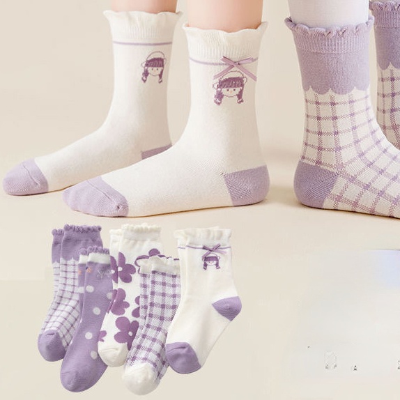 Set 5 Đôi Vớ cotton Mùa Hè Phối Lưới Màu Tím In Họa Tiết Hoạt Hình Dễ Thương Cho Bé Sơ Sinh jp7