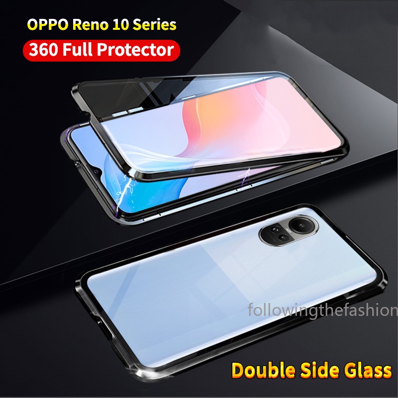 Ốp Điện Thoại Kính Cường Lực Hai Mặt Viền Kim Loại Nam Châm Xoay 360 Độ Cho oppo Reno 10 pro 5G Reno10 Pro Reno 10 Reno10 5G 2023° Ốp Điện Thoại Cứng Thời Trang Chống Sốc Bảo Vệ Toàn Diện