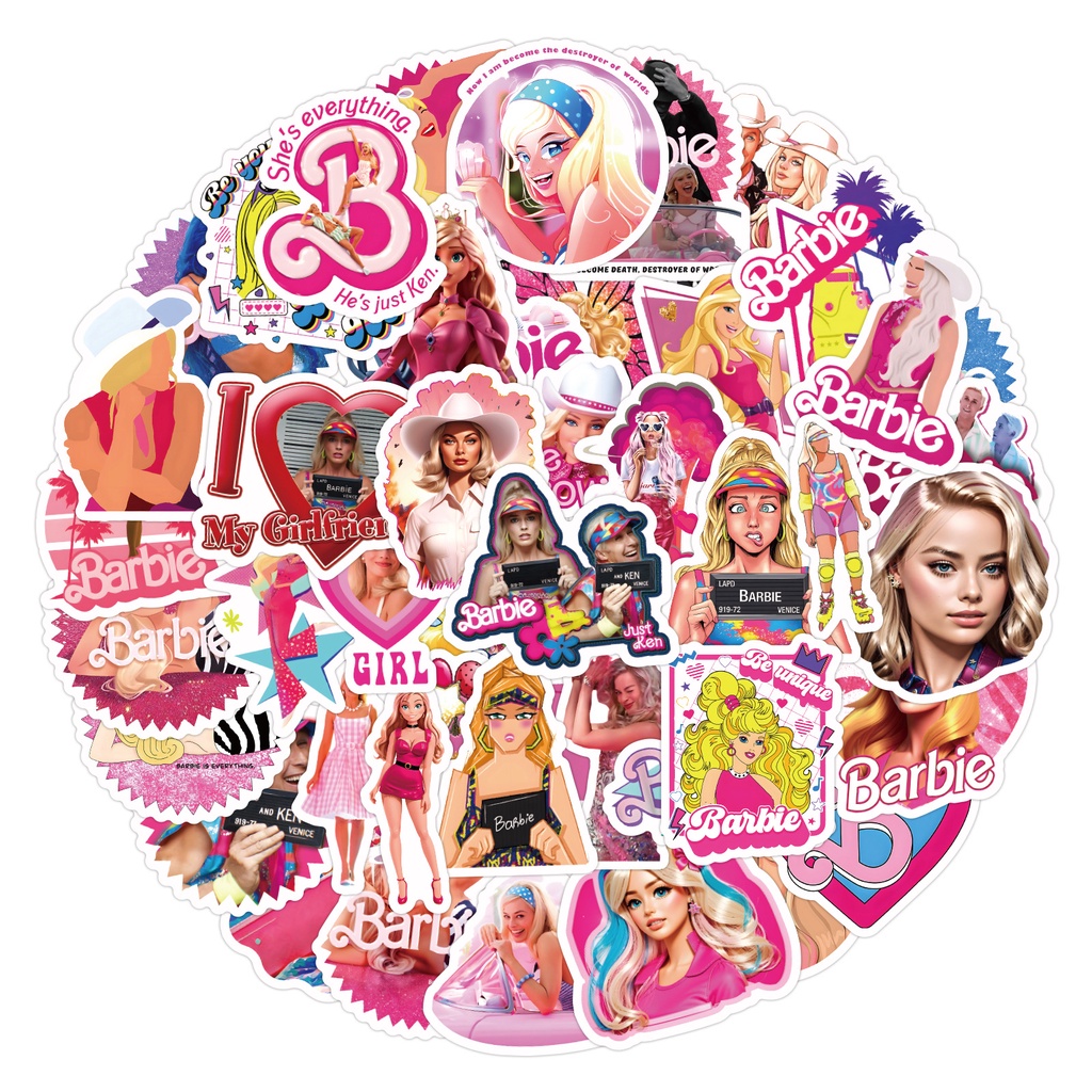 Set 60 / 50 Sticker Dán Trang Trí Mũ Bảo Hiểm Xe Đạp Hình barbie Màu Hồng graffiti
