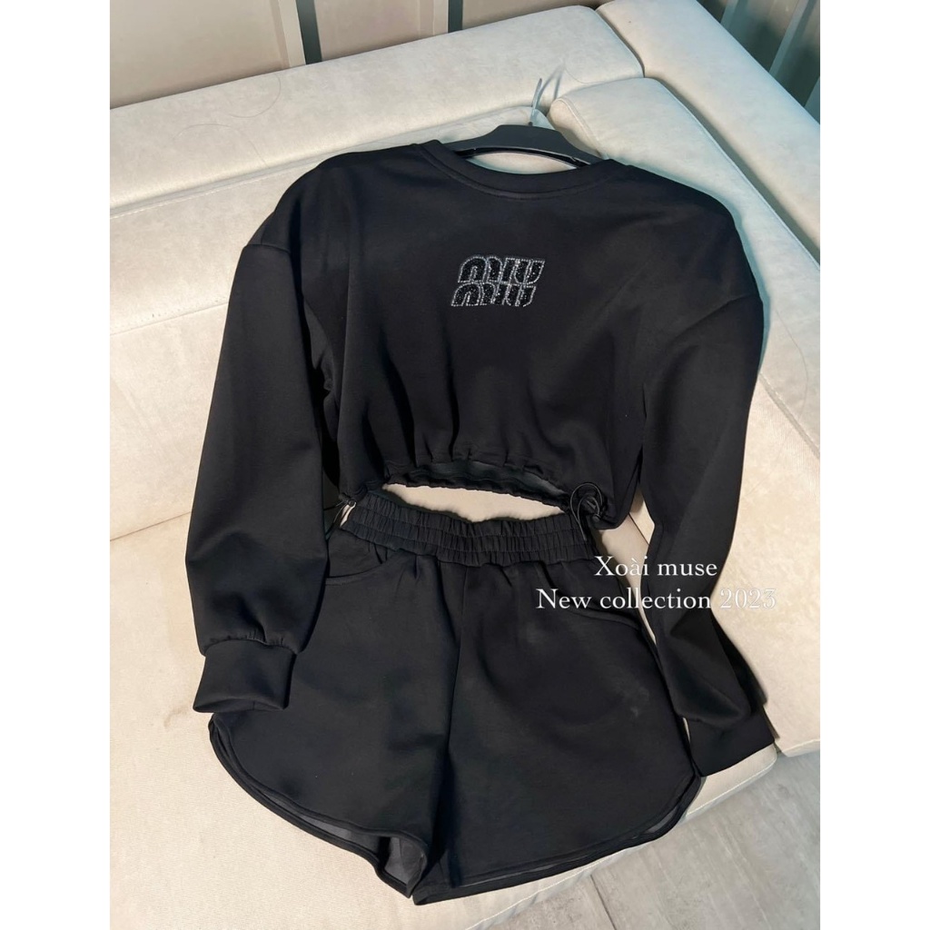 Sét áo cortop tay dài mix quần đùi chữ đá nổi sịn đét TN655CCC