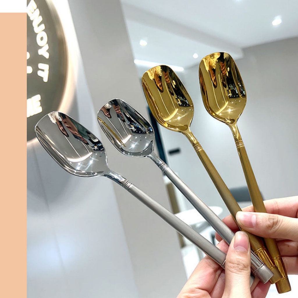 Thìa Vuông Inox 304 Cán Dài Ăn Cơm Muỗng Inox Mạ Vàng Ăn Phở Cháo Cao Cấp Phong Cách Hàn Quốc