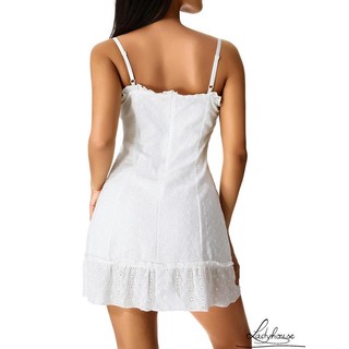 Lady-nữ Ren Mini Đầm Không Tay Spaghetti Dây Buộc Trước Ruffle Hem Đầm Ngắn