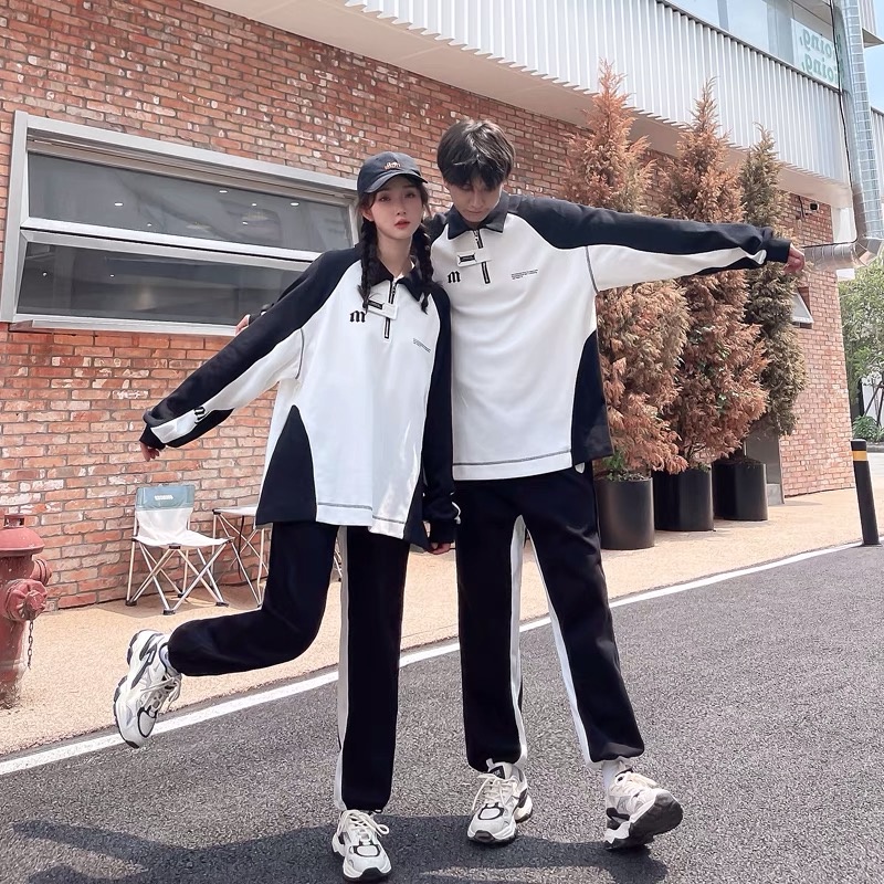 Áo nỉ sweater polo cho nam và nữ , phối màu đen trắng thêu chữ M kiểu dáng unisex 2023 EA096 Meme