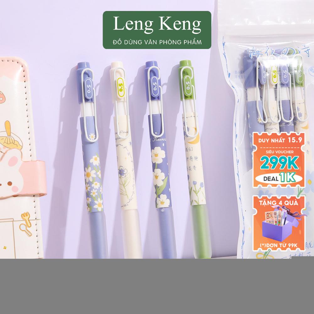 Set 4 bút bi Leng Keng mực đen khô nhanh ngòi 0.5mm họa tiết hình hoa cúc nhỏ xinh xắn Cho Penlab B25